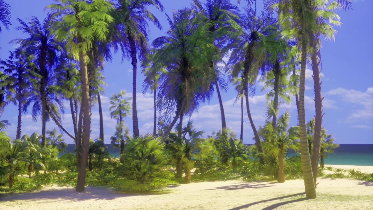 Palm trees sway gently under a clear sky at a tropical beach setting