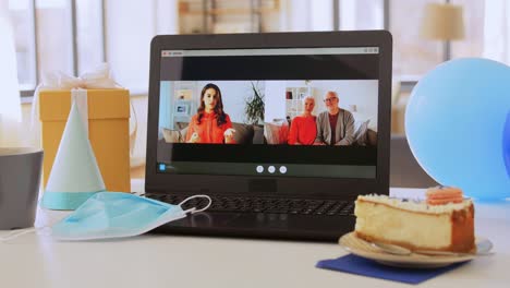 Laptop-with-Family-Having-Virtual-Birthday-Party.people,-technology-and-online-communication-concept-laptop-with-family-having-video-call-or-virtual-birthday-party-on-screen,-cake,-gift-box-and-coffee-on-table-at-home