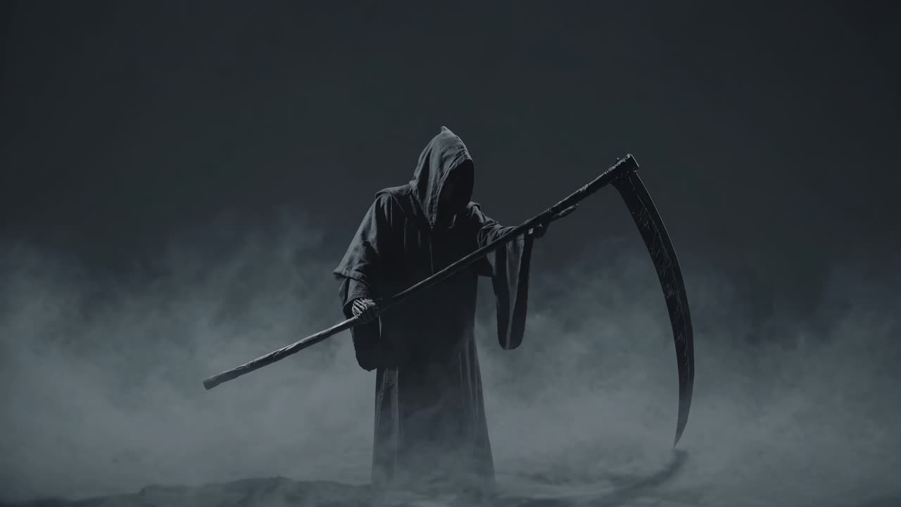 A mysterious hooded figure with a scythe emerges from fog