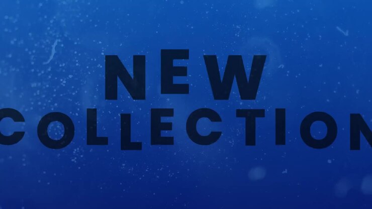 Animatie van tekst 'nieuwe collectie' op blauwe achtergrond
