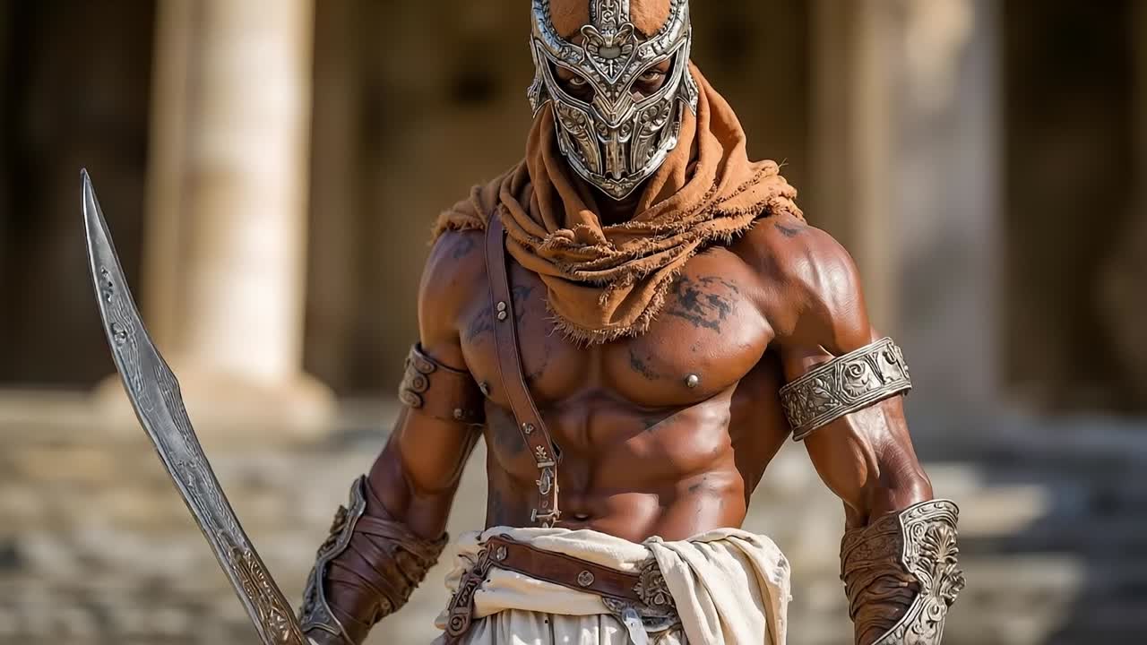 A man in a mask holding a sword and wearing a scarf