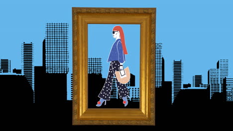 animation of fashion drawing of model with cityscape in background