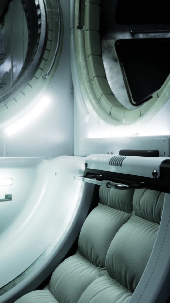 Interno futuristico di un modulo di navicella spaziale con caratteristiche di design avanzate.