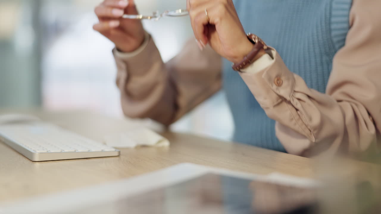 Business, woman and cleaning glasses in office
