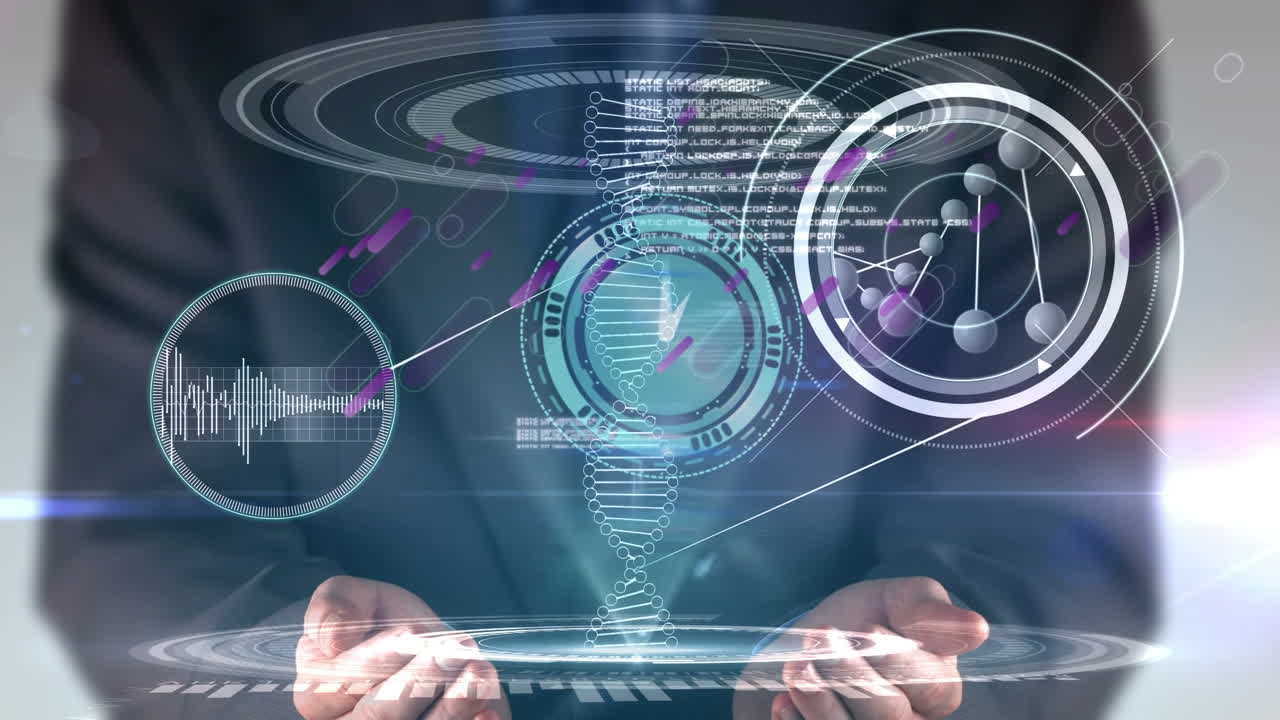 Animation of dna strand and data processing over caucasian businessman