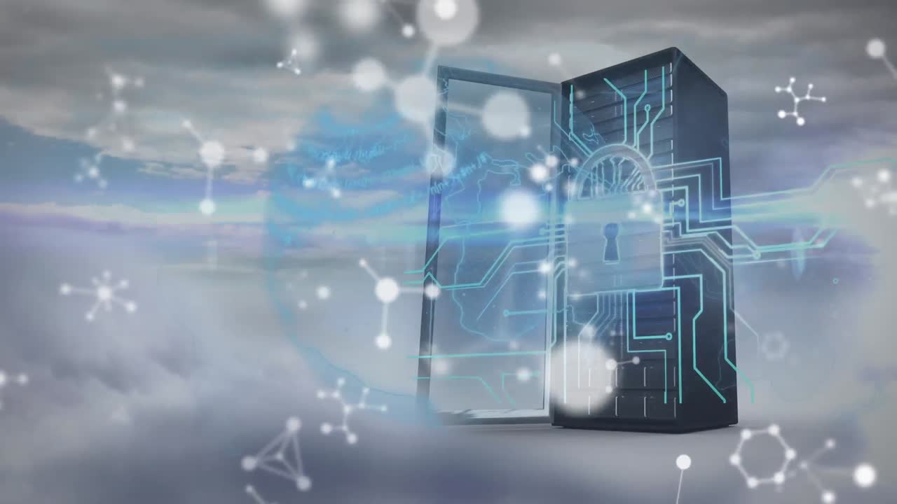 하늘의 구름에 대항하여 컴퓨터 서버의 보안  ⁇ 락 아이콘 위에 떠다니는 분자 구조