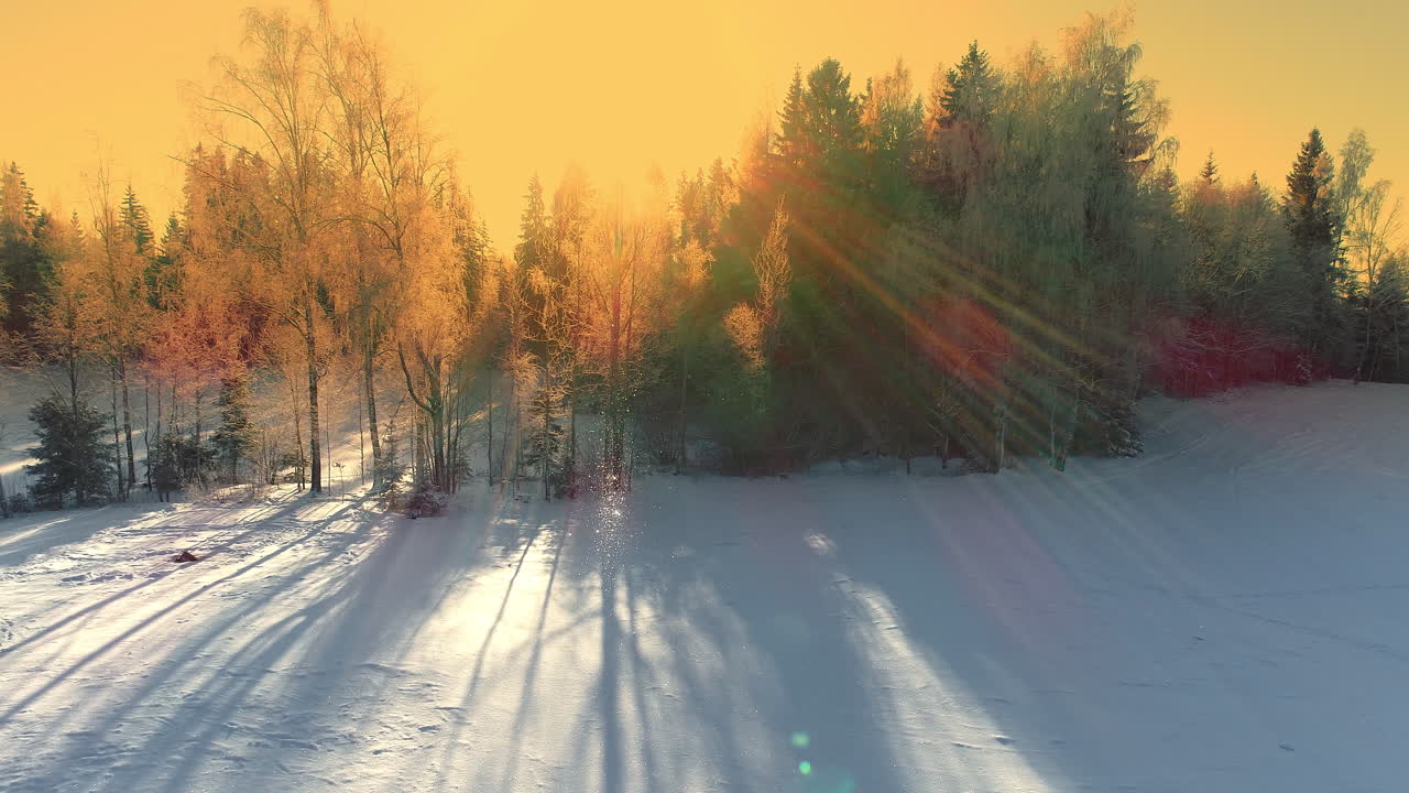 Aerial view from right to left of a small cottage on snow with a pine forest in the background on a bright sunny day.
