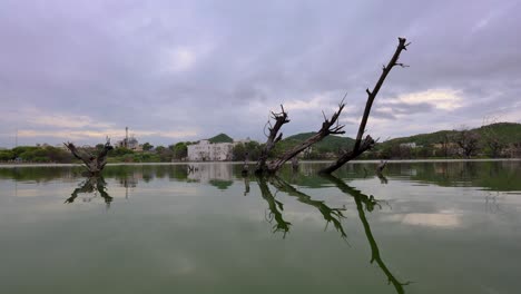 morning timelapse of pristine calm lake with bright sky and wood reflection at morning