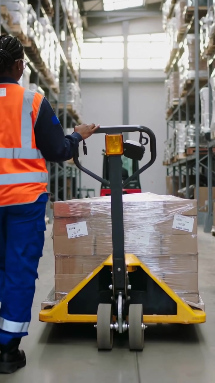 Vertikal video: Arbejder i orange vest placerer hånden og guider palleløfter til gaffeltruck på lager.