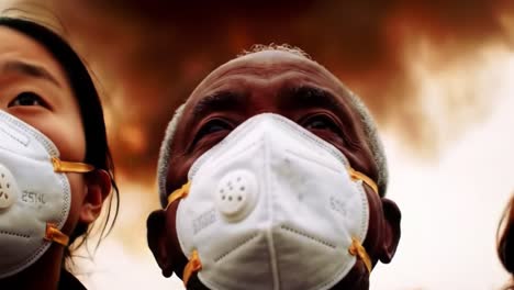 people wearing protective masks against air pollution with dark clouds in the background reflecting a serious environmental concern