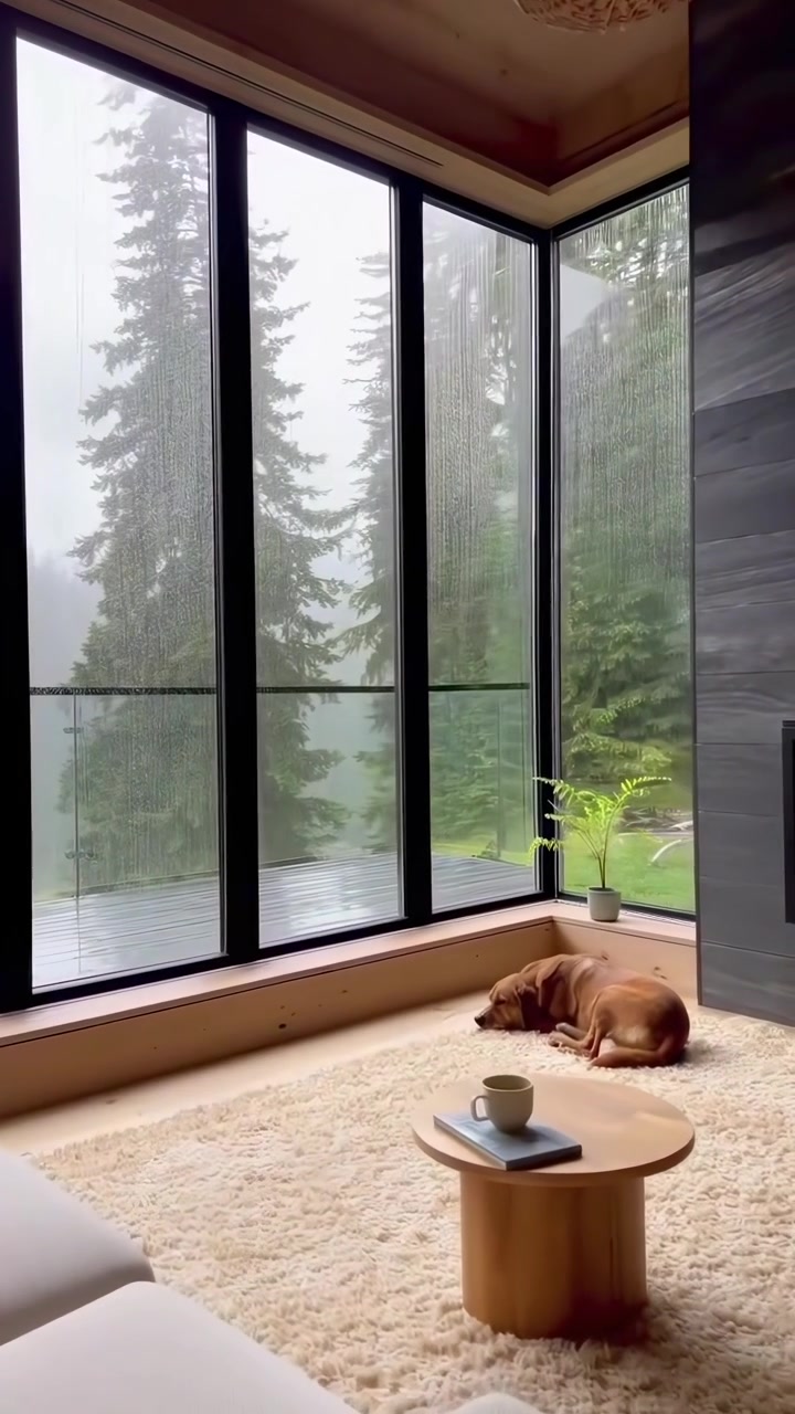 Perro durmiendo en alfombra en sala de estar moderna durante tormenta.
