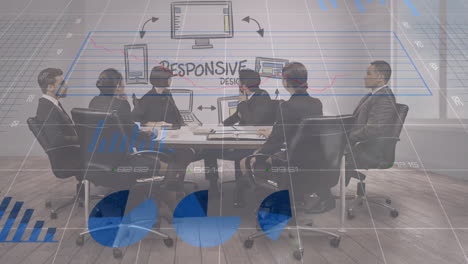 In office, business team discussing responsive design with animation data analytics