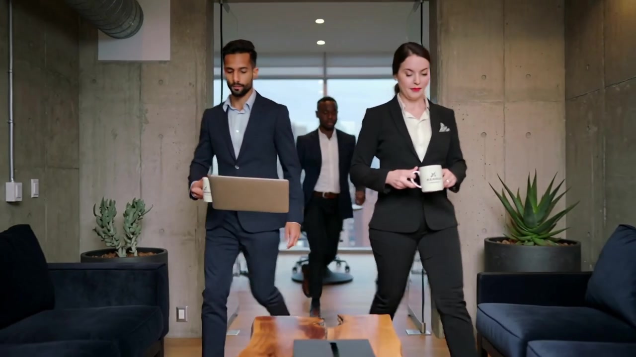 Leaving glass room trio in suits walking into lounge to meet holding white mugs laptop tablet