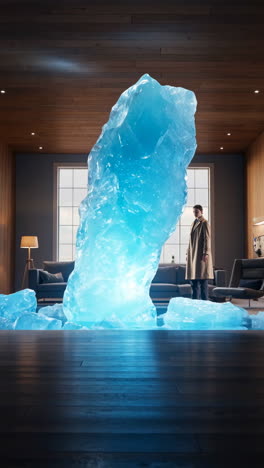 man in a living room with a giant ice sculpture
