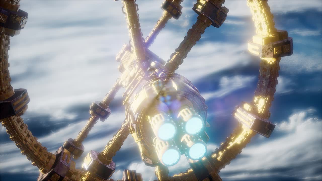 огромный космический корабль приближается к земле.