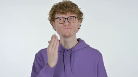 yawning redhead young man, white background