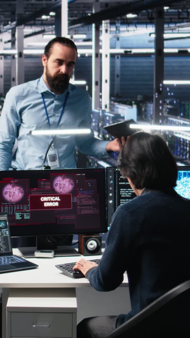 Vertical video Data center manager coordinates programmers fixing critical error while using AI