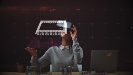 Animación-De-Una-Mujer-Con-Auriculares-Vr-Tocando-Una-Pantalla-Virtual-Con-Un-Modelo-3d-Girando