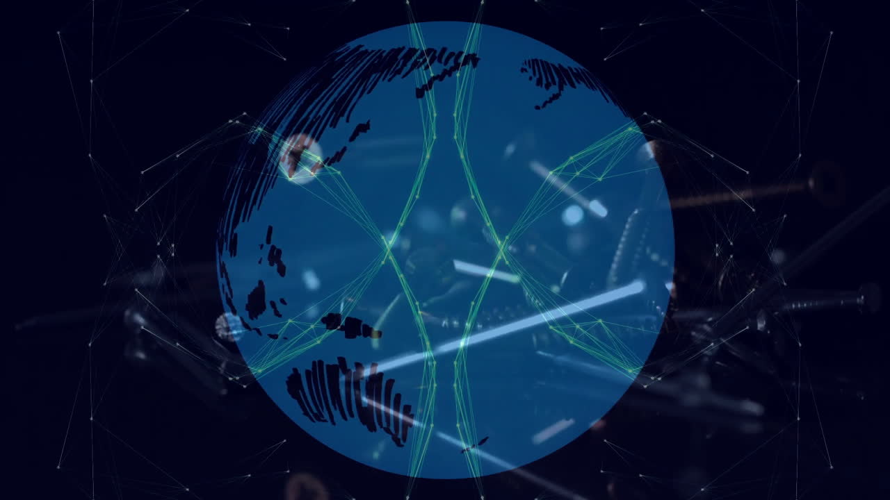 Network connections and data processing animation with digital globe on dark background