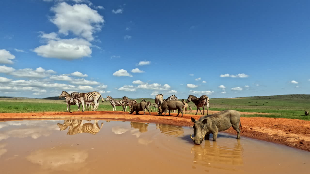 Cheeky common warthog goes for quick dip in natural waterhole on hot African day