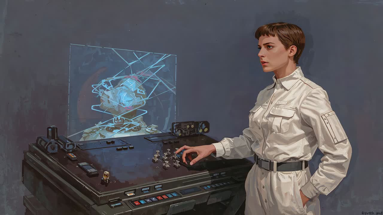 Activating hologram, operator in white suit manipulating sphere at console, stabilizing, copy space