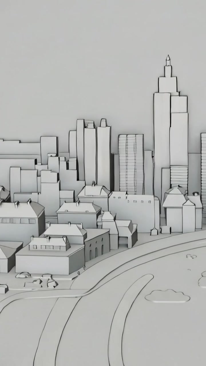 Video verticale: Telecamera in panoramica che rivela un modello di città in studio, mostrando una torre a guglia e il lungomare.