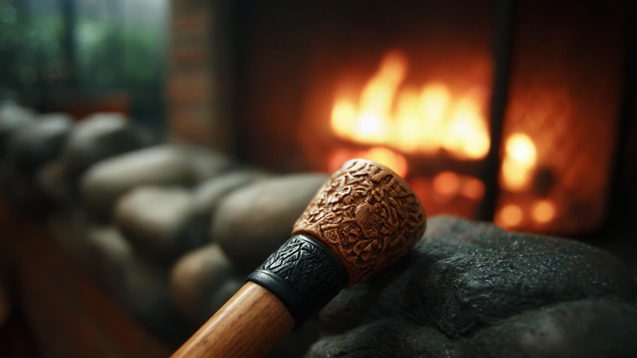 A Cozy Hearth Scene with a Carved Cane Resting on a Rock-Piled Mantle, Illuminated by a Warm Glow from Flickering Flames in a Fireplace