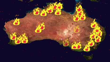 mapa de incendios forestales de australia con partículas de fuego volando alrededor