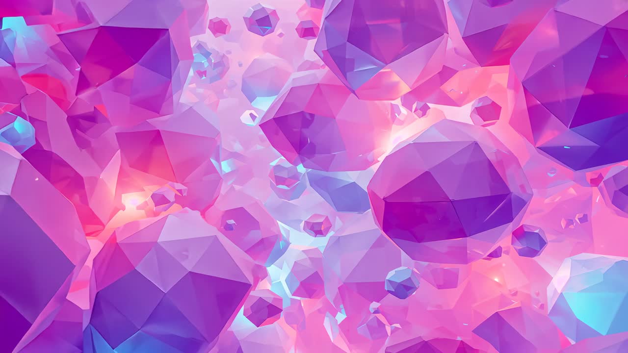 Opening camera pushing through floating polyhedral cluster, showing glowing purple pink blue shapes