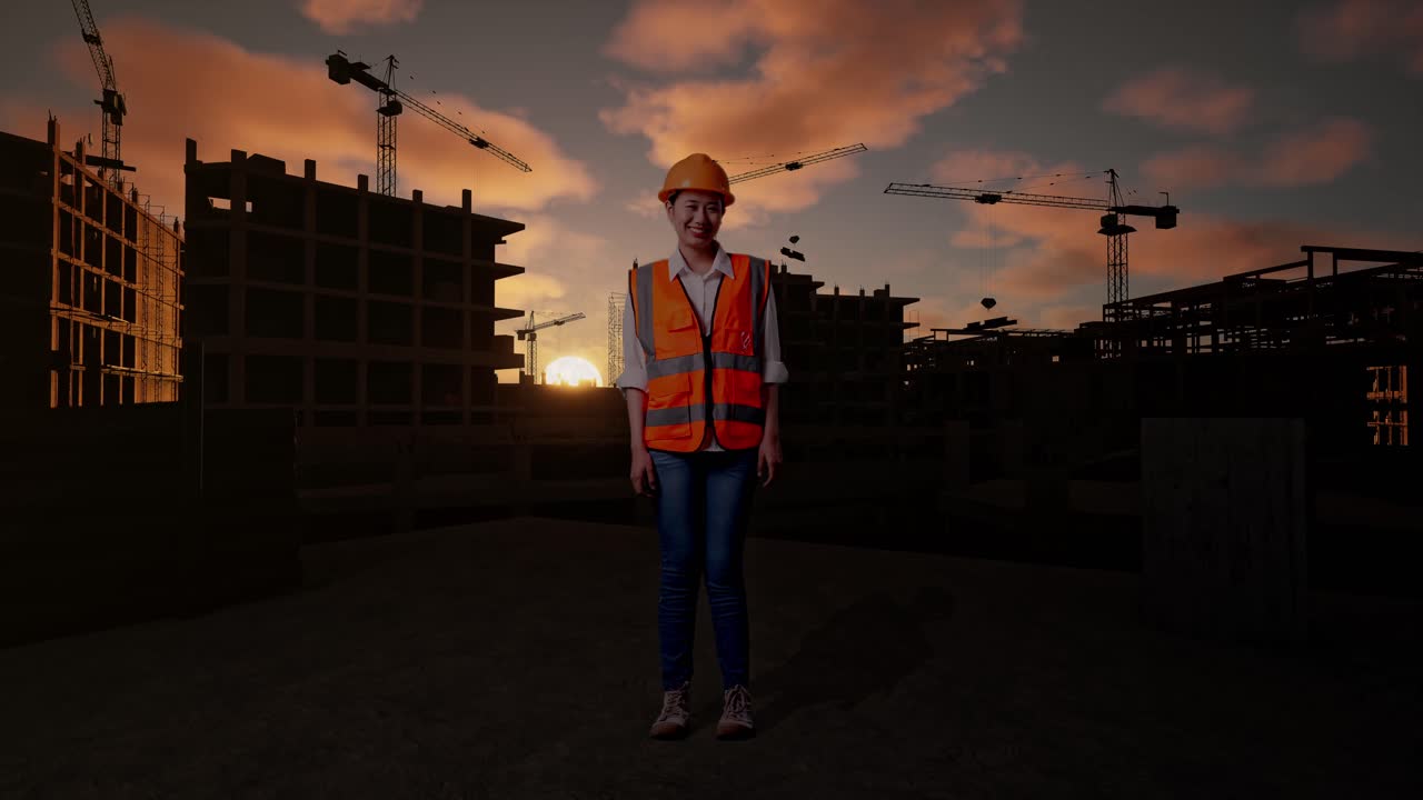 Ingeniera asiática sonriendo a la cámara con casco de seguridad y cuerpo completo, de pie en una obra en construcción de una nueva casa