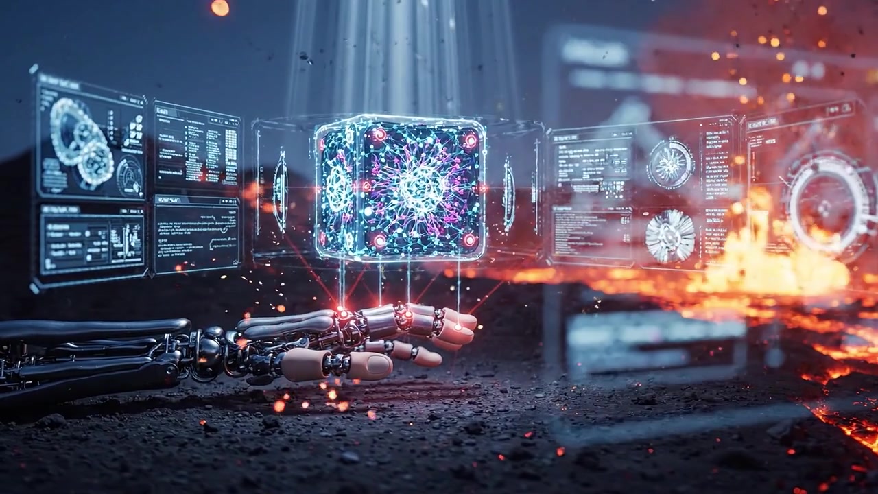 A futuristic robotic hand reaches out towards a glowing, holographic cube amidst a volcanic landscape, symbolizing the intersection of technology and nature's raw power.