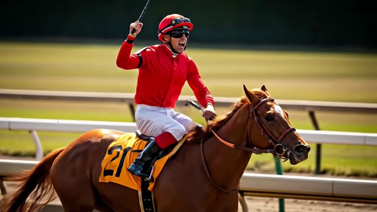 Jockey Celebrating a Victory After Winning a Horse Race
