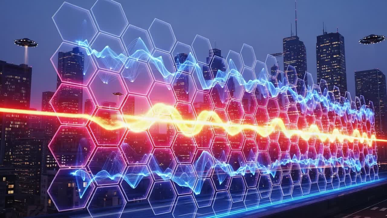 Visual Representation of Technological Waves and Urban Landscape Merging at Dusk with Hexagonal Patterns and a Vibrant Color Shift in a Futuristic City Setting