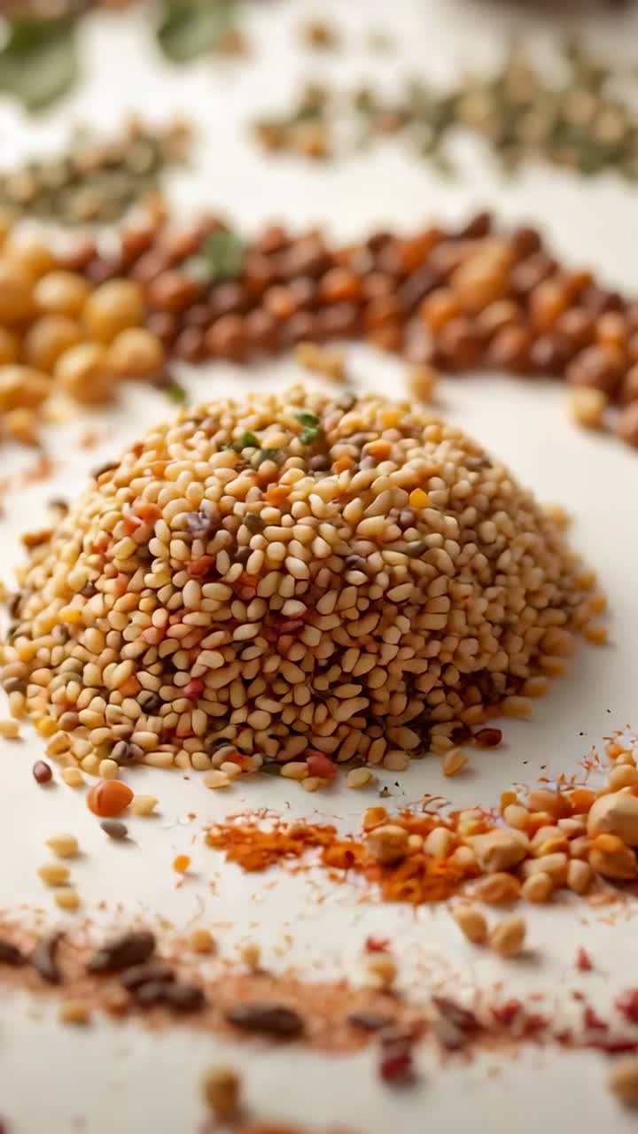 Vertical video: Pulling back camera revealing conical seed mound on white board, for food styling