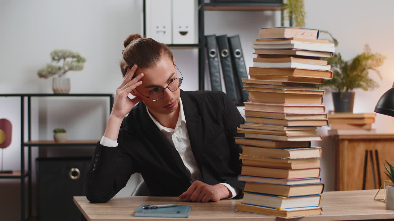 Tired exhausted stressed businessman looking at large pile of books sitting at home office desk