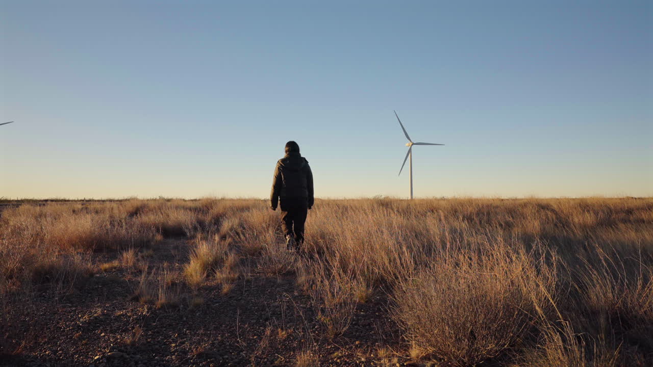 Dichterbij beeld van een vrouw die alleen naar de windturbines loopt, nadenkend over de mondiale toekomstige omgeving
