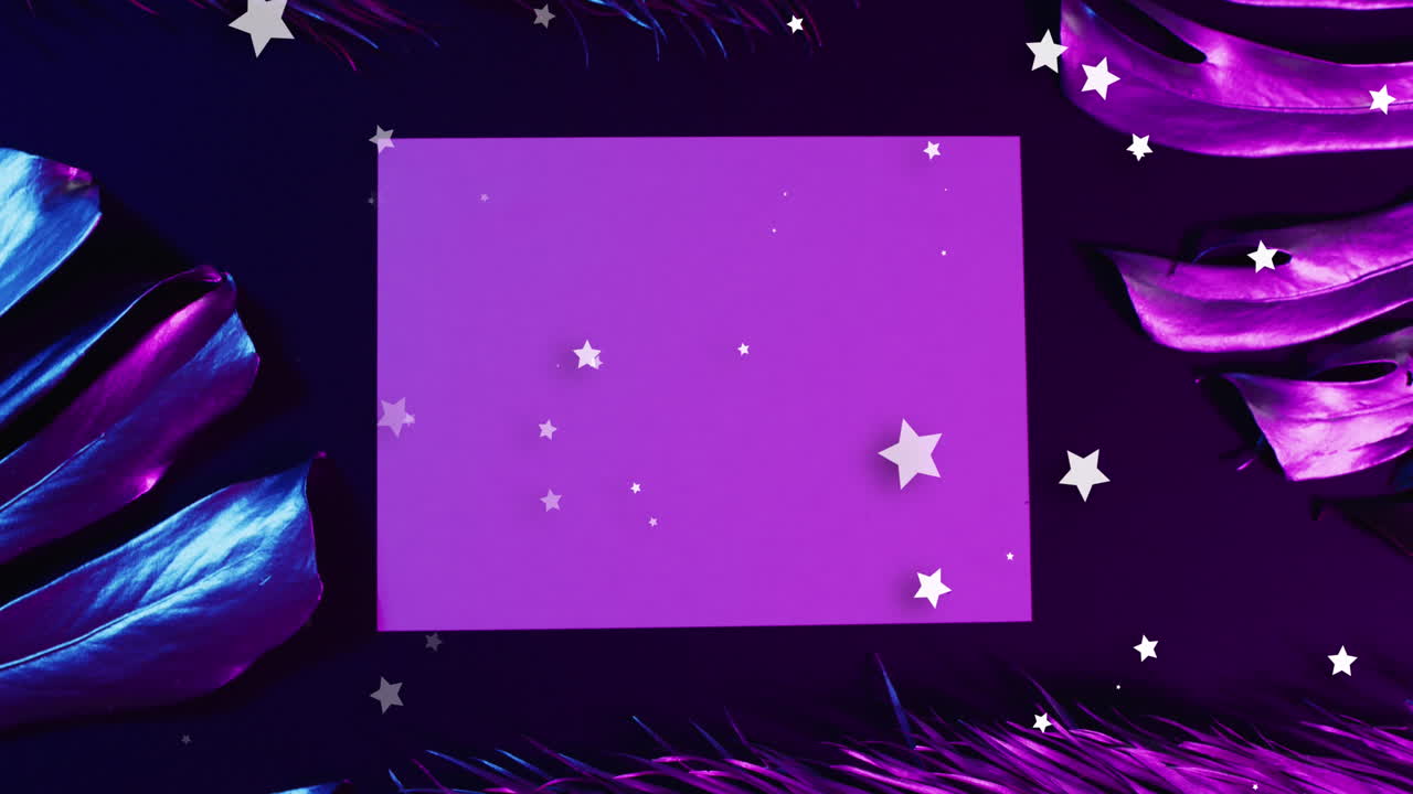 animación de estrellas blancas y hojas púrpuras sobre un fondo púrpura