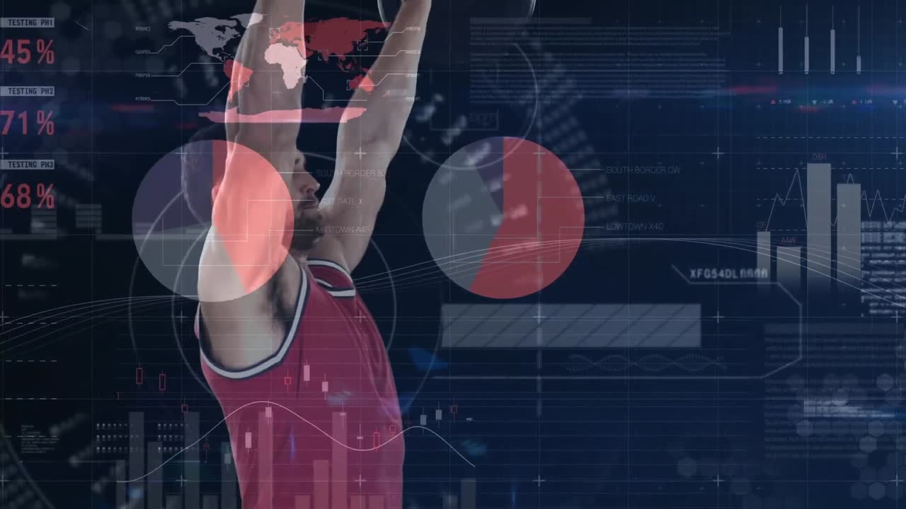 체육관 장비로 운동하는 강한 남자에 대한 데이터 처리 애니메이션