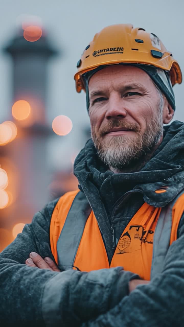 Confident Construction Worker in Safety Gear Posing with Arms Crossed, Surrounded by Blurred Worksite Lights, Emphasizing Safety and Professionalism