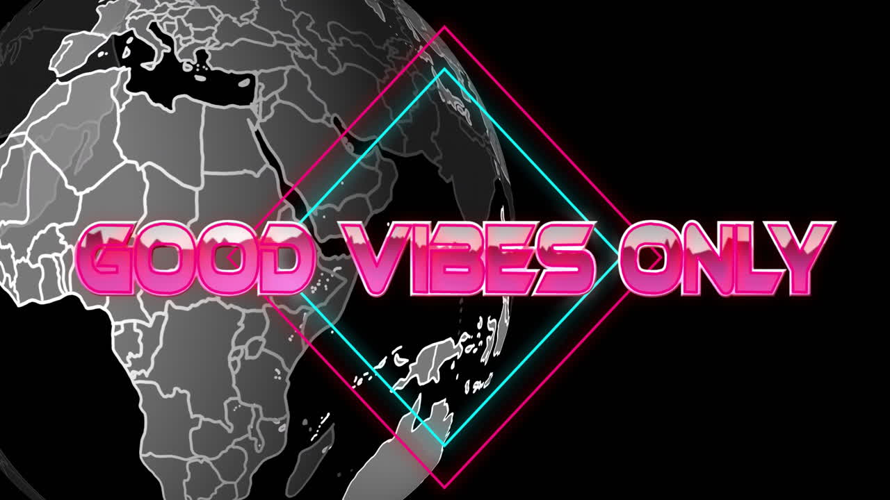 Neon diamond with Good Vibes Only text over grayscale world map animation