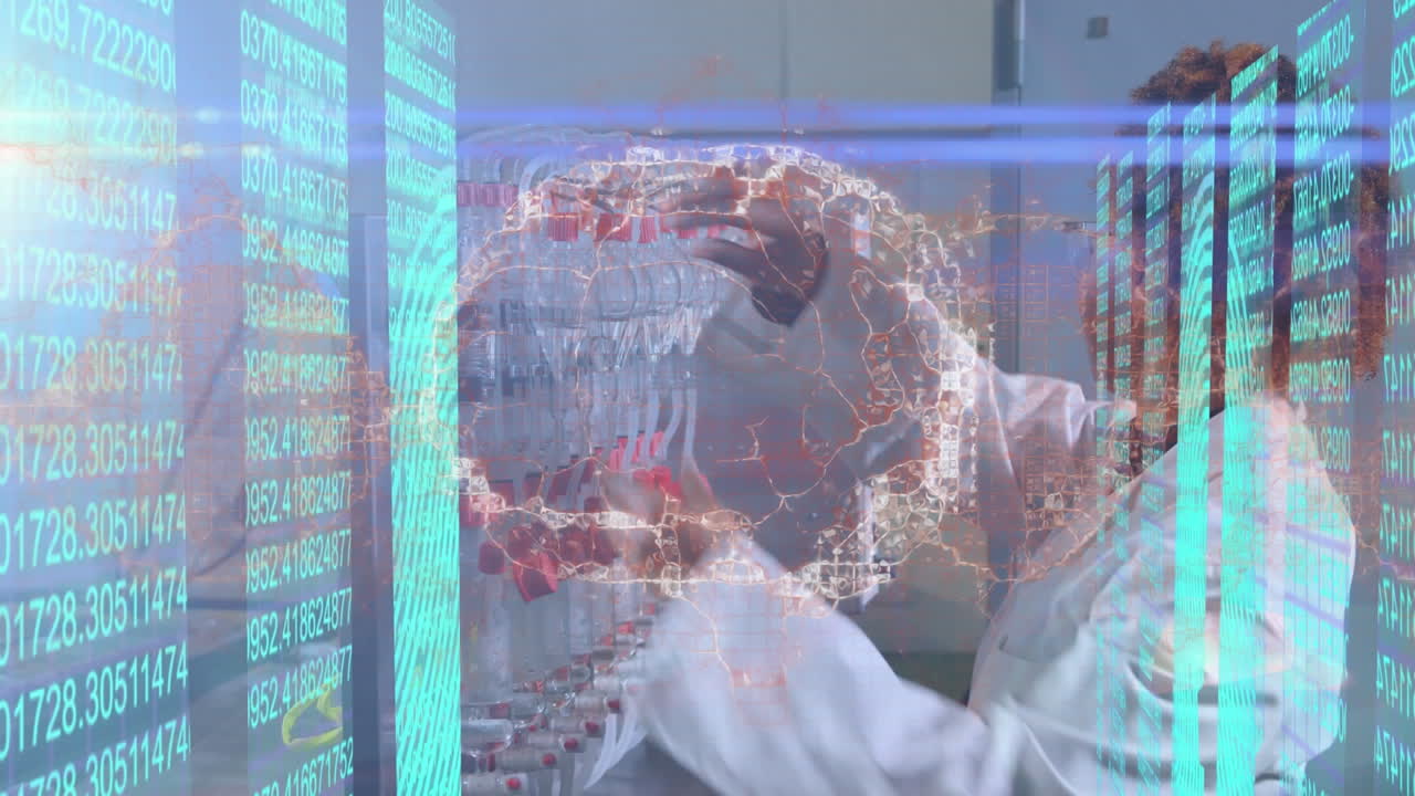 실험실에서 일하는 아프리카계 미국인 여성 과학자에 대한 디지털 뇌와 데이터 처리 애니메이션