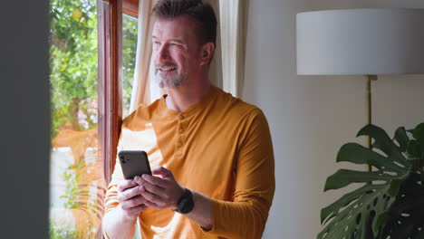 smiling senior man using smartphone by window, enjoying sunny day at home