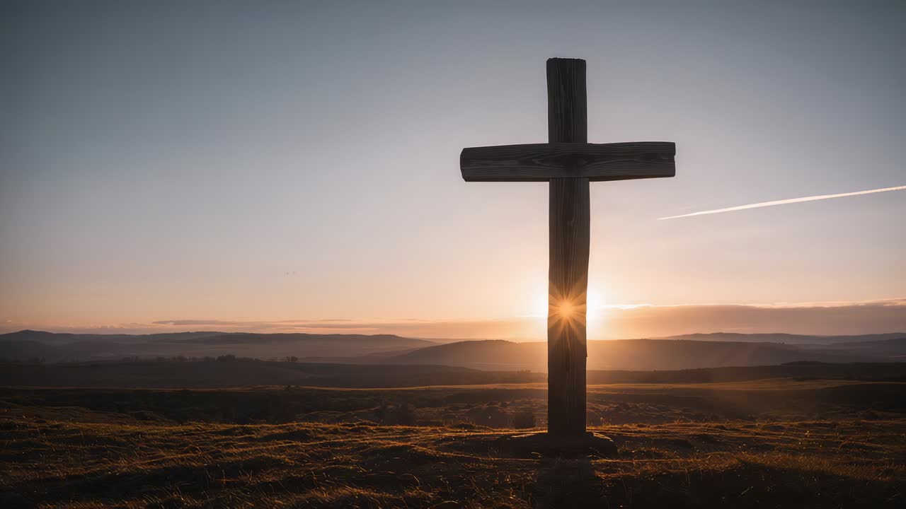 Sol naciente iluminando una cruz de madera en la cima de una colina, calentando el horizonte y revelando una estela de condensación