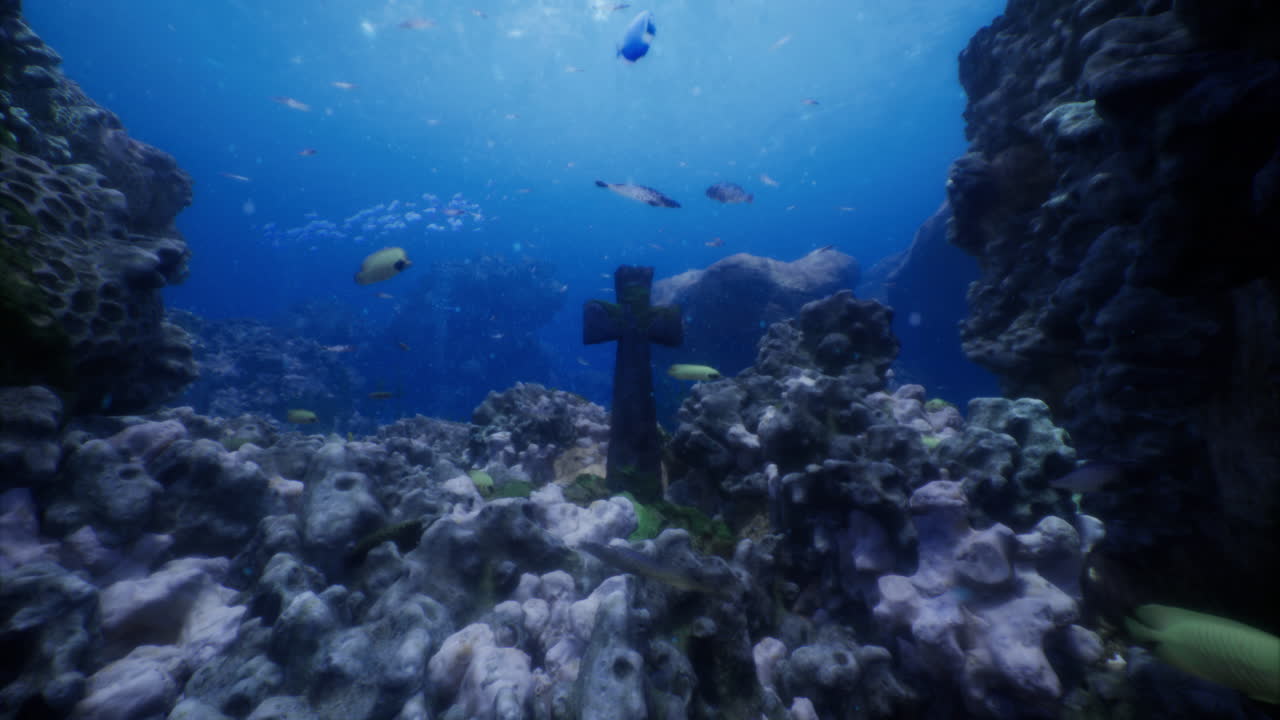 Underwater view of a cross structure amidst vibrant coral reef