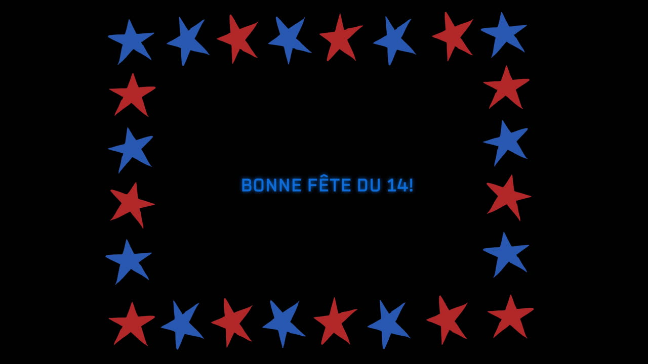 Animation of bonne fete du 14 text with red and blue stars on black background