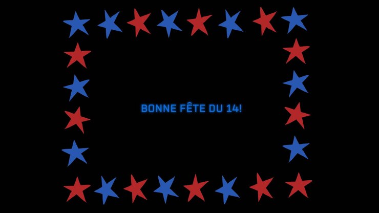 Animation of bonne fete du 14 text with red and blue stars on black background