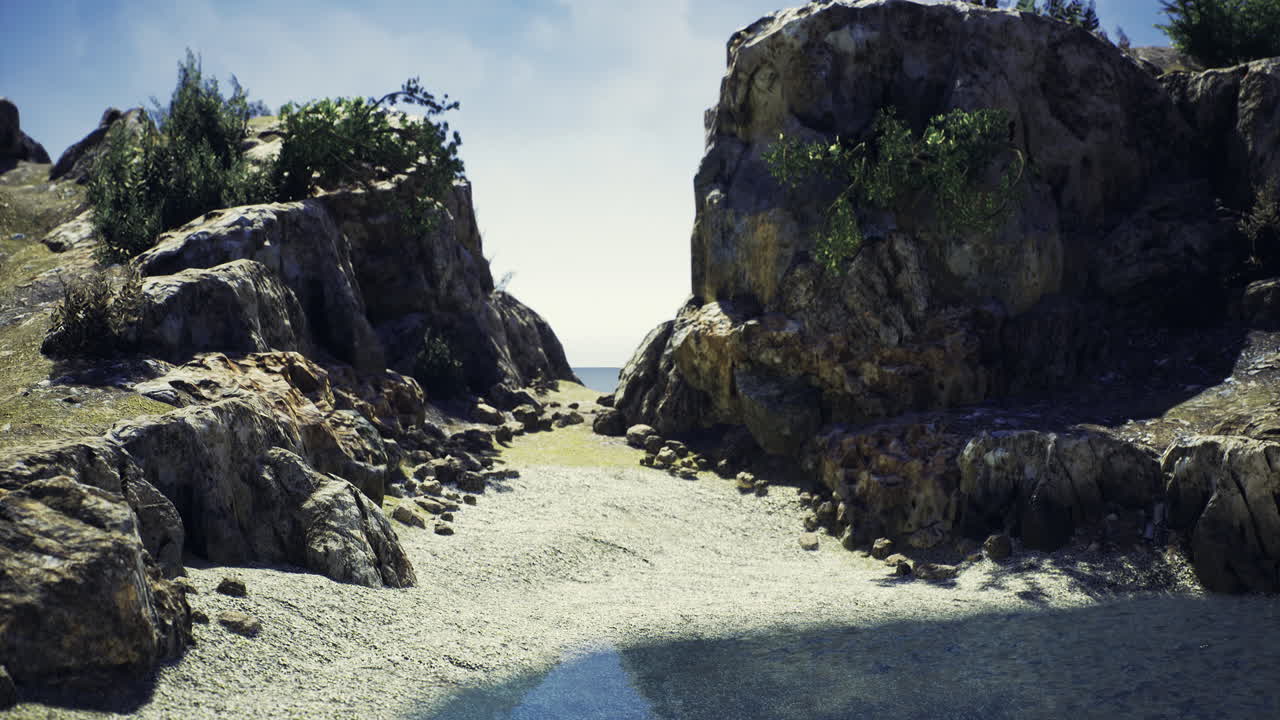 Rocky coastal pathway leads to a serene ocean at midday in a tranquil location