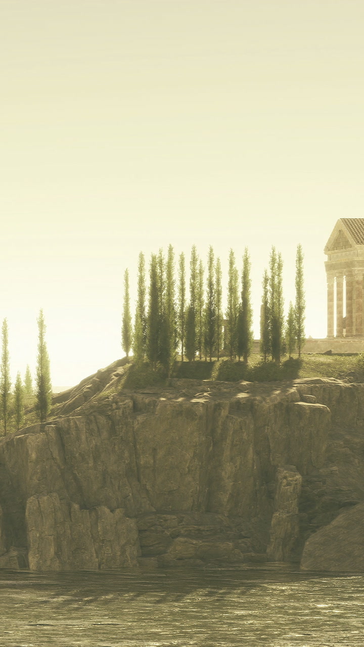 Serene cliffs cradle an ancient temple at sunset with gentle reflections