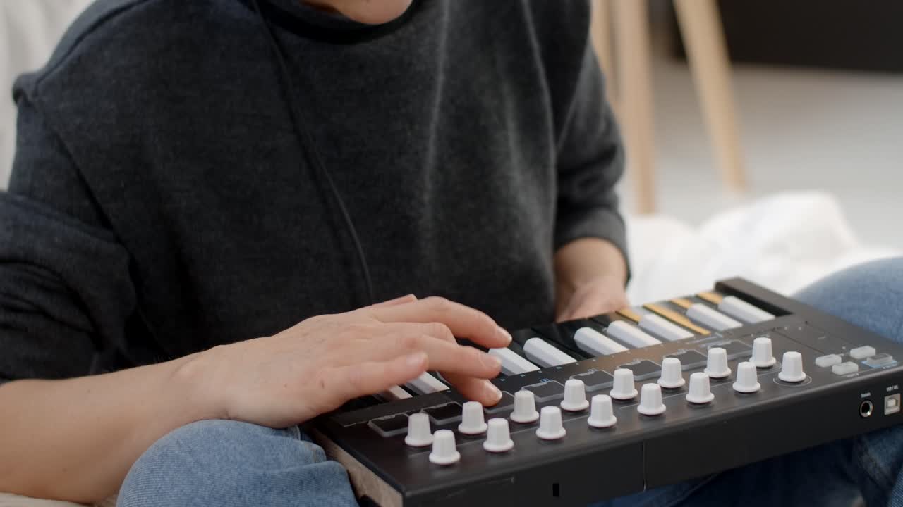 Person Using Midi Keyboard at Home