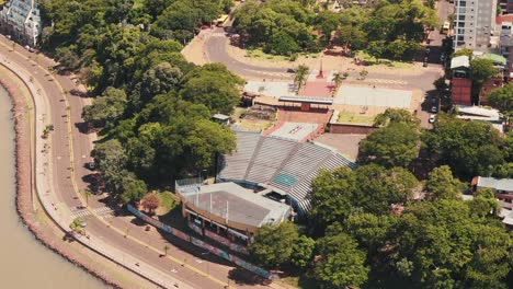 Hovering-over-the-iconic-Manuel-Antonio-Ramirez-Amphitheater-in-Posadas,-Misiones,-Argentina